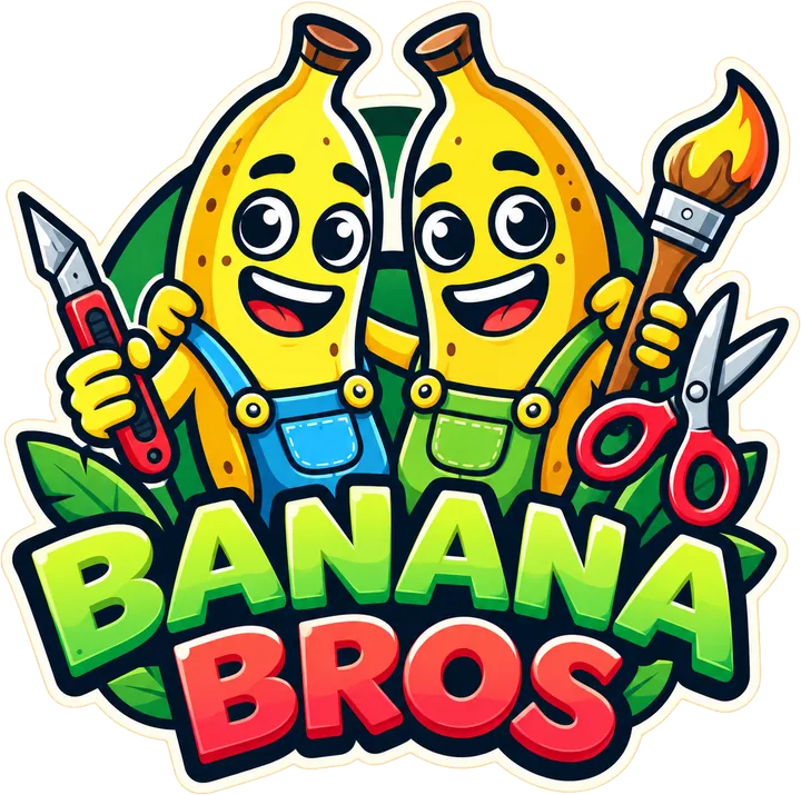 The Banana Bros logo: two cheerful banana brothers holding a craft knife, a paintbrush and scissors